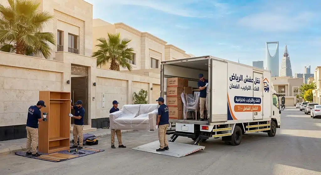 فريق برو موف أثناء تغليف الأثاث وتحميله في دينا نقل عفش بالرياض