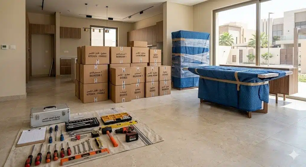 تغليف الأثاث بالكرتون المضلّع والاسترتش قبل تحميله في شاحنة نقل العفش بالرياض