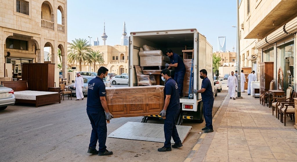 فريق متخصص يقوم بفك وتغليف ونقل العفش بأمان واحترافية ضمن خدمات نقل عفش حي المربع بالرياض